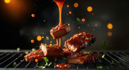 Sauce drizzling over delicious bbq ribs on a grill
