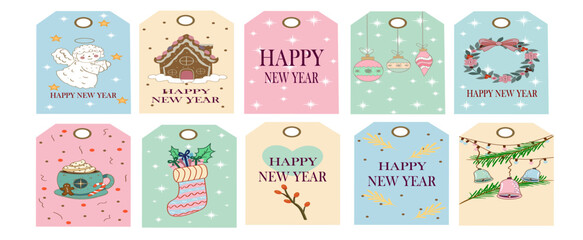 Set Cute Pastel Christmas Gift Tags | New Year Holiday Badge Emblem Collection.