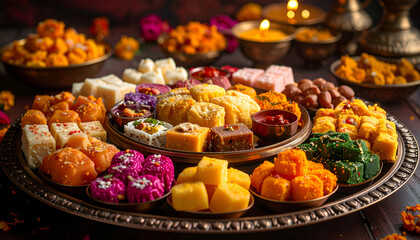 Assortment of Indian Sweets and Desserts on a Festive Platter.