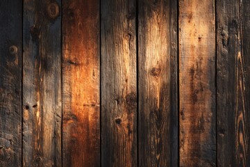 Obraz premium Close-up of aged, vertical wooden planks with varied brown tones and subtle light play