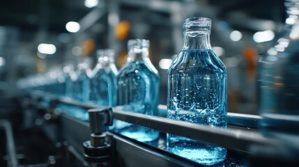 Clear blue liquid-filled bottles move along a conveyor belt in a modern bottling facility.