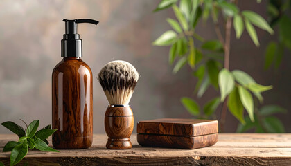 Rustic still life of natural mens shaving accessories on a wooden surface with green leaves.