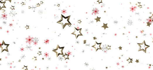 Abstract Christmas background with gold stars, snowflakes and sparkling effect on a white backdrop. Perfect for holiday greetings, festive desig