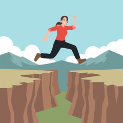 Woman Jumping Over a Cliff. Flat vector illustration isolated on white background