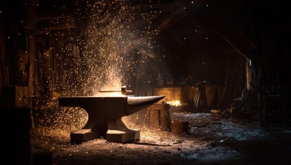 A dimly lit forge interior, sparks fly from a hammer striking metal on an anvil, wooden structure