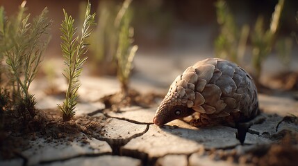 Exploring the arid landscape: a pangolin's journey through cracked earth and sparse vegetation