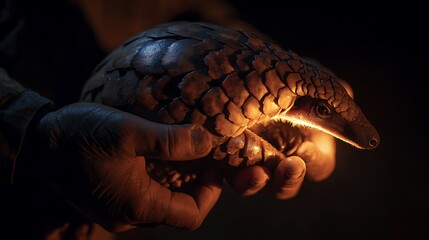 Close up of a pangolin being held in hands at night conservation efforts and animal rescue wildlife