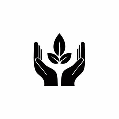 Fototapeta premium Minimalist icon of cupped hands protecting a small plant, a symbol for ecology and sustainability.