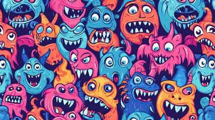 A colorful and detailed image of various monsters with big teeth and eyes