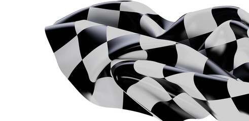 A waving checkered flag is featured against a white background.  It represents speed, competition, victory, and the finish line of racing sports