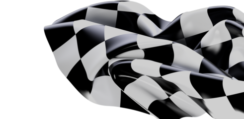 A waving checkered flag is featured against a white background.  It represents speed, competition, victory, and the finish line of racing sports