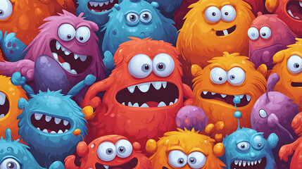 A group of colorful monsters with big eyes and teeth