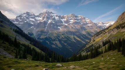 Stunning mountain vista with snow-capped peaks and lush green valley, perfect for adventure, travel, and outdoor lifestyle campaigns, evoking serenity