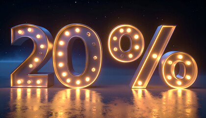20 Discount Marquee Sign with Glowing Bulbs on Reflective Surface.