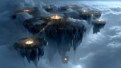 Stunning floating islands with glowing cities above the clouds create a magical and ethereal fantasy landscape, perfect for inspiring creative projects