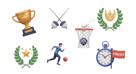 Collection of sports icons and trophies isolated on transparent background