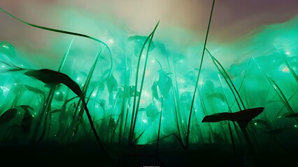 Enter a magical underwater world with glowing plants and ethereal light, perfect for fantasy designs and creative projects seeking a unique, vibrant look