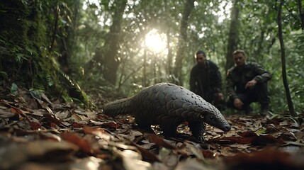 Pangolin conservation effort tracking endangered species in natural habitat with researchers present