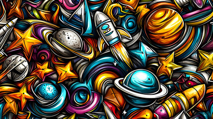 A colorful space scene with planets, stars, and rockets