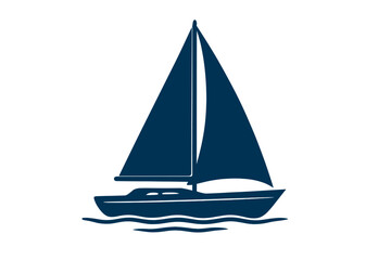 Minimalist dark blue sailboat silhouette moving across stylized water waves