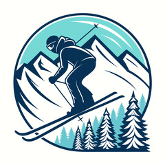 Skier skiing in the mountains with trees