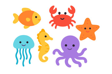Obraz premium Six cheerful cartoon sea animals for children's graphic design projects