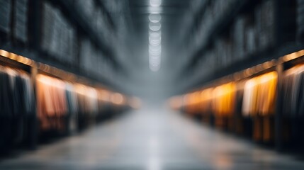 Costume warehouse blurred glowing rows of outfits under dim industrial light