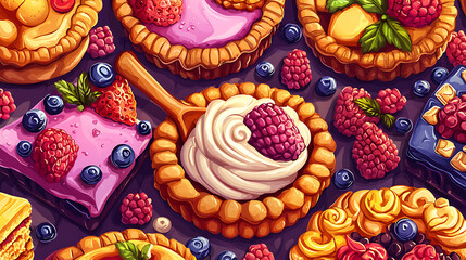 A colorful image of various desserts, including pies and tarts