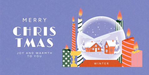 Merry Christmas greeting card with glowing candles and a snow globe. A cozy winter village with snowy houses, trees on purple. Warm festive scene for winter holidays. Vector illustration for cards