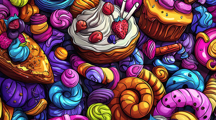 A colorful and vibrant image of various pastries and desserts, including cakes