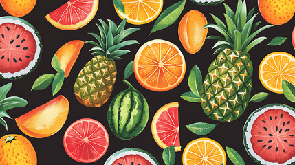 A colorful fruit pattern on a black background