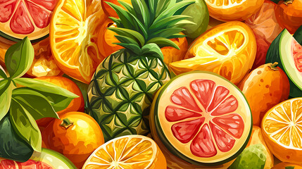 A painting of a fruit salad with a pineapple and oranges