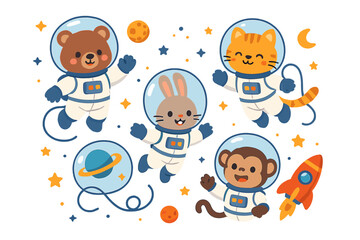 Happy cartoon animals wearing astronaut suits floating among planets and stars