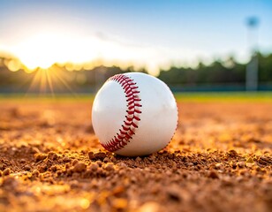 A close-up of a baseball resting on a brown, earthen field. The sun shines brightly, creating a warm golden hue and backlighting the scene