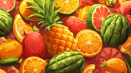 A colorful fruit display with a variety of fruits including watermelon