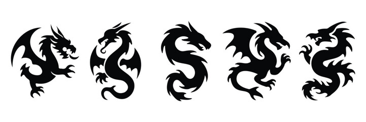 Dragon Silhouette and Tribal Tattoo Icons – mythical creature symbol collection, fantasy art illustration, oriental dragon emblem, and power design vector