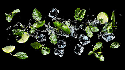 A close up of a bunch of lime and mint leaves with ice cubes in the background