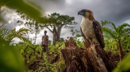 Philippine eagle perched on tree stump in forest wildlife conservation endangered species bird of prey nature shot