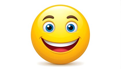 Fototapeta premium A cheerful, round, yellow face with a wide, happy grin. It has bright blue eyes and expressive eyebrows. The image is against a clean white background