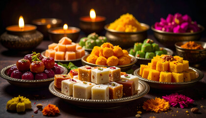 Fototapeta premium Vibrant Indian Sweets and Diyas Celebrating Diwali Festival.