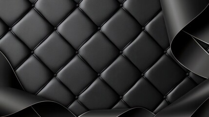 Obraz premium Luxurious Black Leather Quilted Upholstery Background with Elegant Curves and Folds for Premium Design, Texture, and Abstract Art