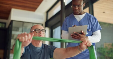 Man, physiotherapist and resistance band with clipboard, recovery and writing notes for healing process. Person, senior patient and healthcare professional for exercise, rehabilitation and advice