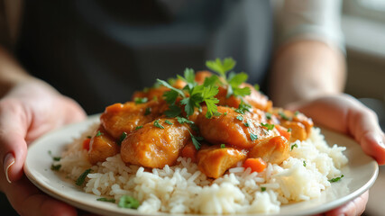 Hands present chicken with rice dish on plate. Person holds meal ready for eating. Asian cuisine cooked at home, seasoned with fresh parsley herbs and spices. Healthy balanced diet.