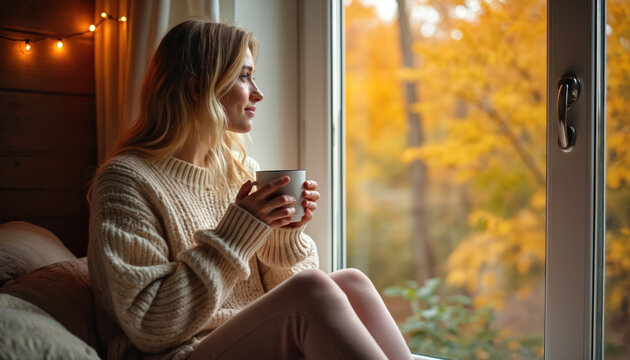 A woman sits by window holding a mug. She gazes outside at autumn trees. Indoor scene shows cozy sweater, warm drink. Fall season relaxation is the theme.