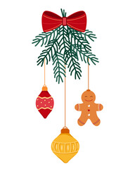Festive hanging Christmas decoration with gingerbread cookie, baubles, and red bow. Perfect for wrapping, invitations, winter textile prints, greeting card