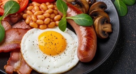 Hearty full english breakfast with sausage bacon egg beans and mushrooms