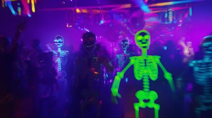 Obraz premium Halloween night club blurred neon glowing skeleton costumes on foggy dance floor