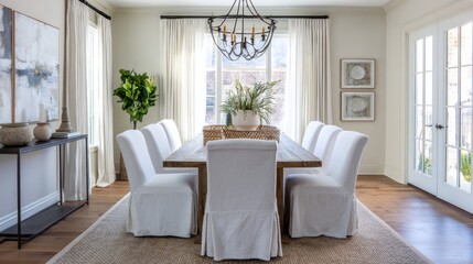 Fototapeta premium modern farmhouse dining room full view, oak table, white slipcovered chairs, linen curtains, warm chandelier, neutral rug