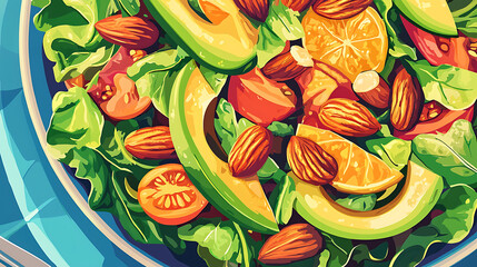 A bowl of salad with avocado, tomatoes, and almonds