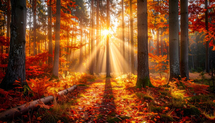 Obraz premium Golden Sunbeams Pierce Through Autumn Forest Canopy.